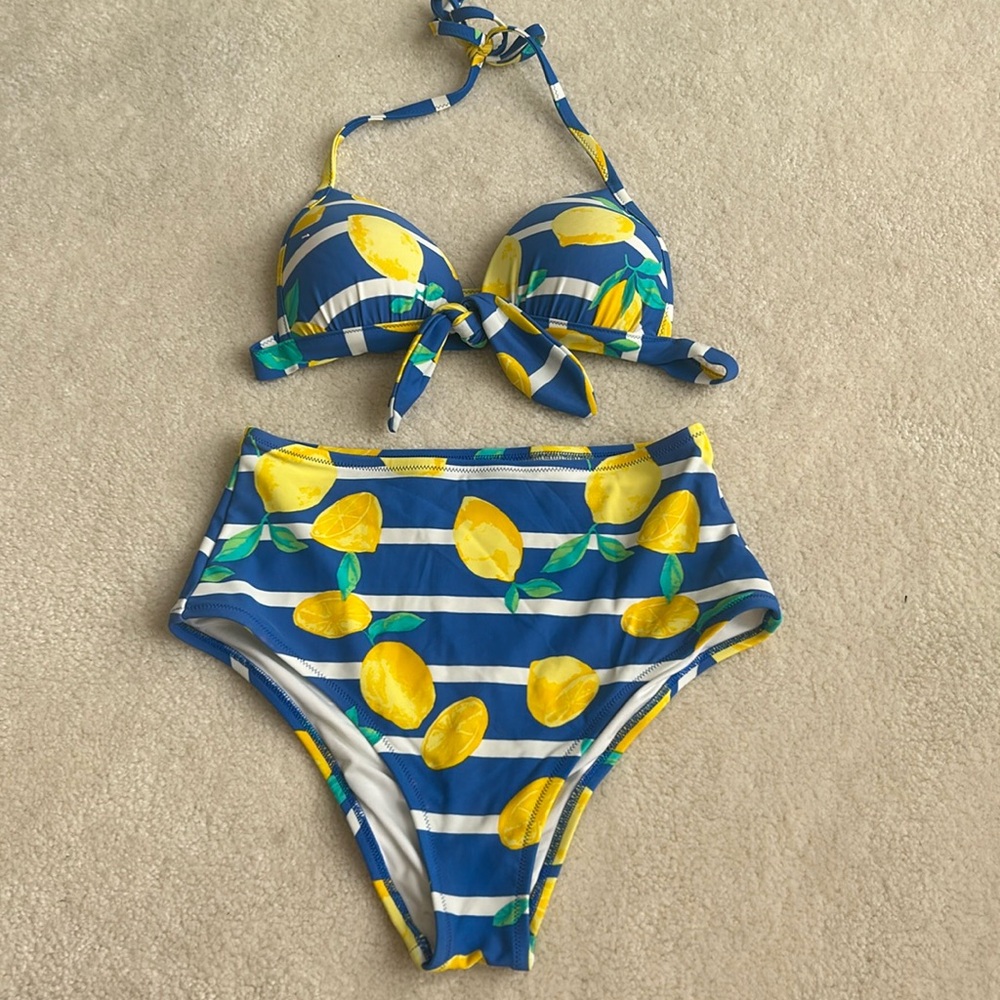 Aerie Lemon Bikini, Blue/White and Yellow, Size S